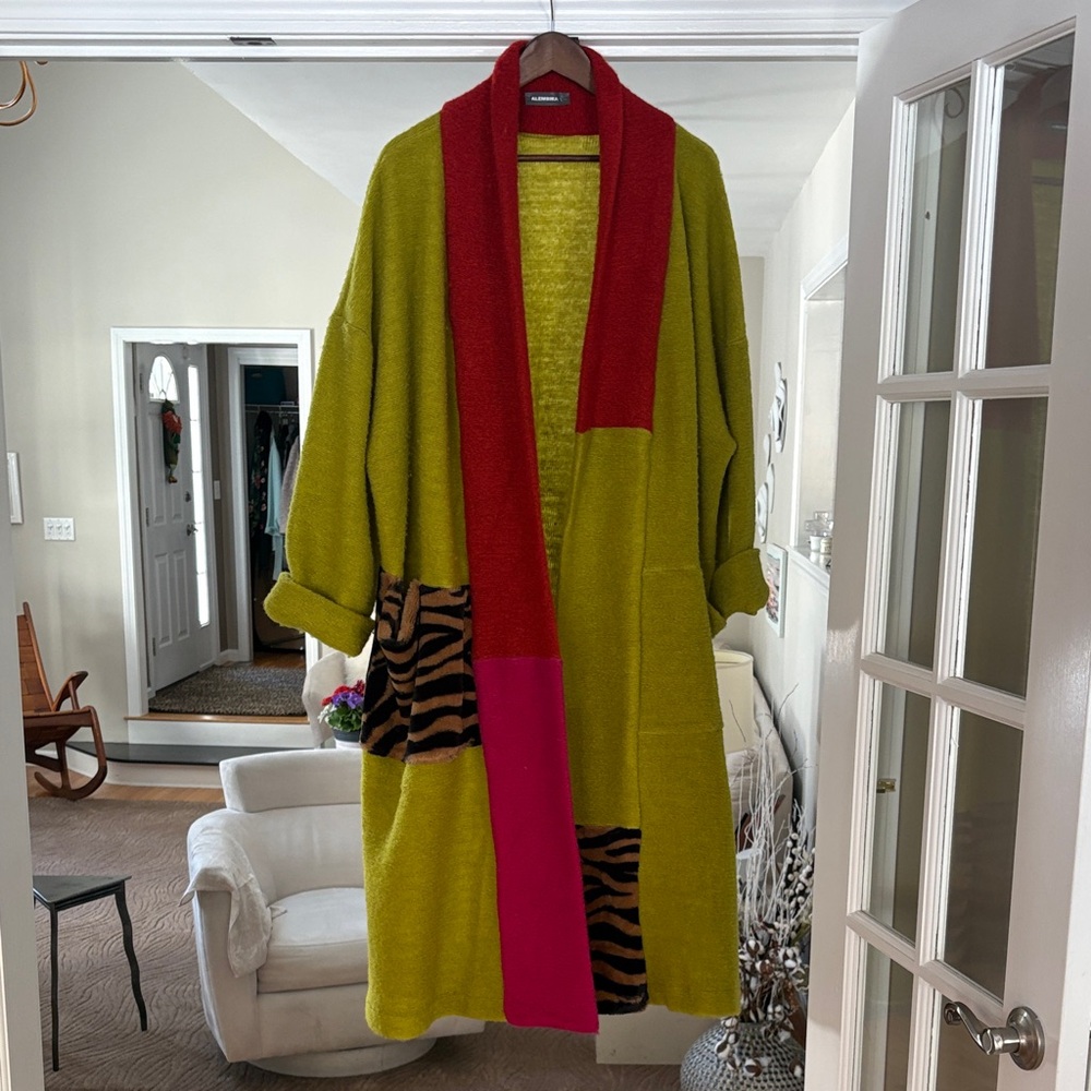 Vibrant Green and Pink Cardigan with Animal Print Pocketed
